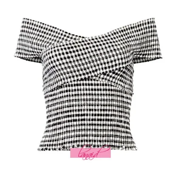 Cupcakes Cashmere Bowman Top Off-The-Shoulder Smocked Gingham Wrap Bardot Blouse - Picture 7 of 9